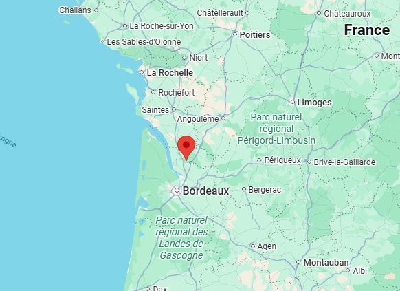 Carte du Sud-Ouest de la France et Repère vers Bordeaux Carte du sud-ouest de la France avec un repère rouge situé entre Bordeaux, Angoulême et Saintes.